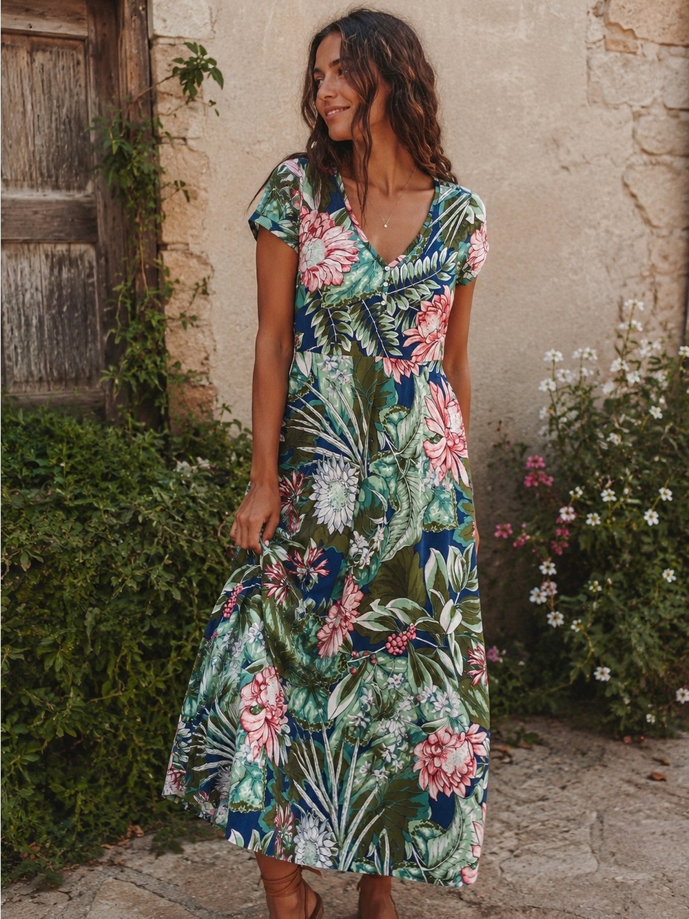 Chaps Denim 100% Cotton Tropical Floral Maxi Dress Small Cottagecore Boho